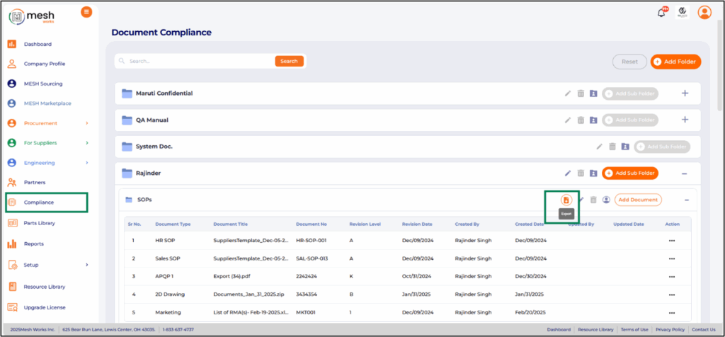 Feature to Export Document List from Compliance