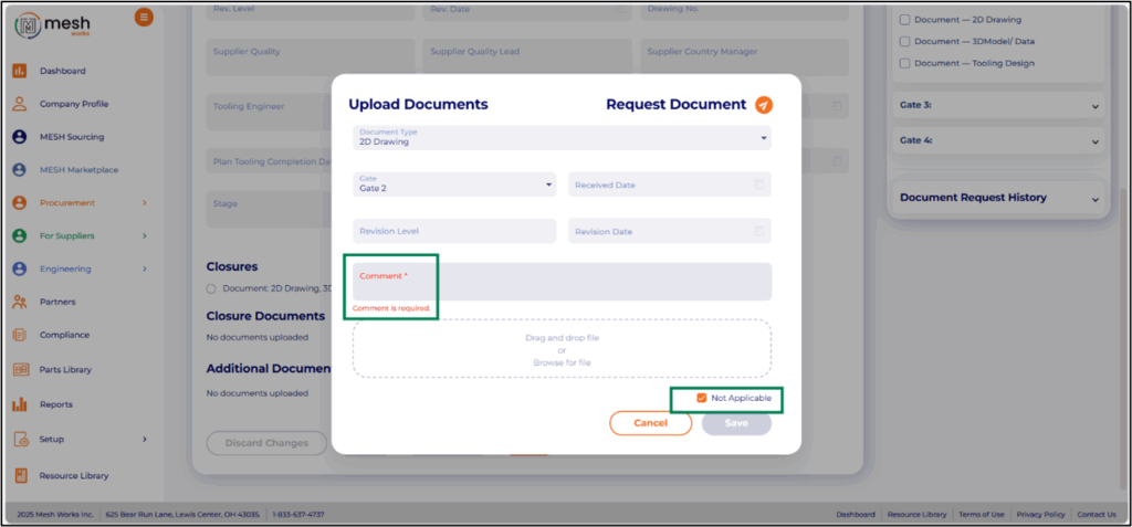 Mandatory Comment Section for "Not Applicable" Documents
