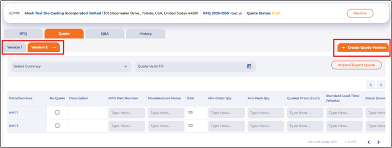 Feature to allow suppliers to submit multiple quotes for a single RFQ to the customer