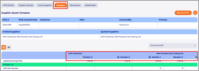Feature to allow suppliers to submit multiple quotes for a single RFQ to the customer